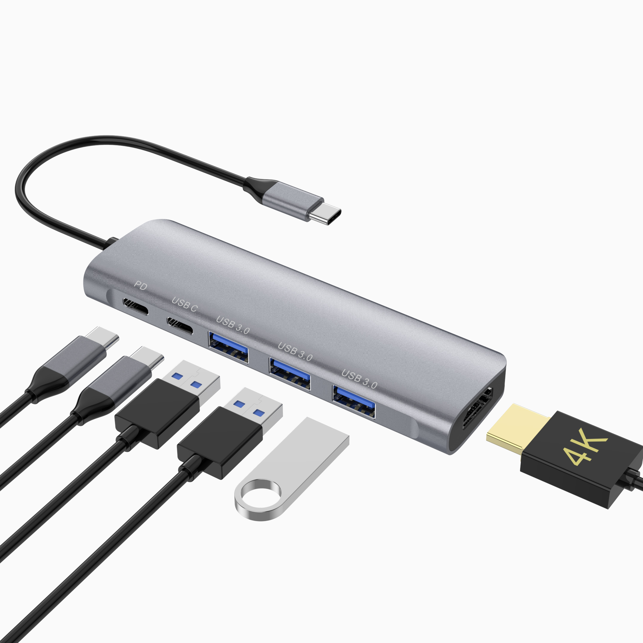 6 IN 1 USB C HUB with HDMI 4K30HZ + PD 100W + Type C Data + 3 x USB A 3.0 power delivery multiport adapter docking station for laptop macbook