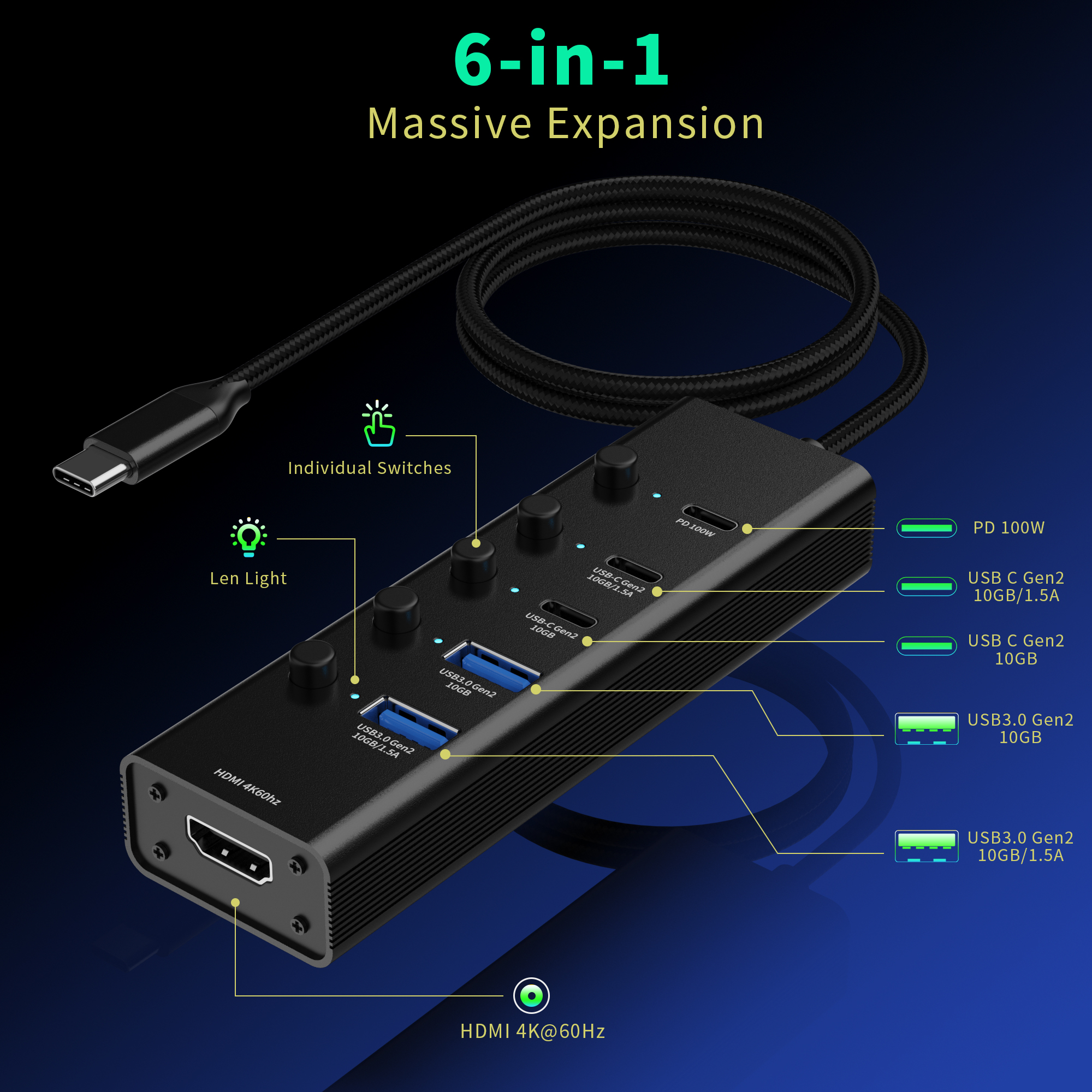 6 IN 1 USB 3.1 Type c 3.1 10Gbps HD 4K60HZ fast charging PD 100W multifunction usb c hub laptop splitter adapter docking station
