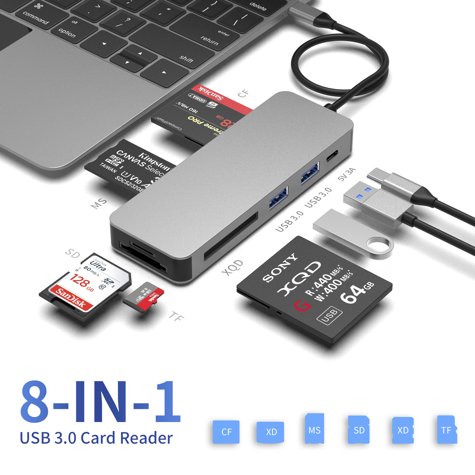 8 IN 1 USB C HUB with PD + 3 x USB A 3.0 + XQD/MS/CF/SD/TF memory card reader slot multi port adapter docking station for laptop
