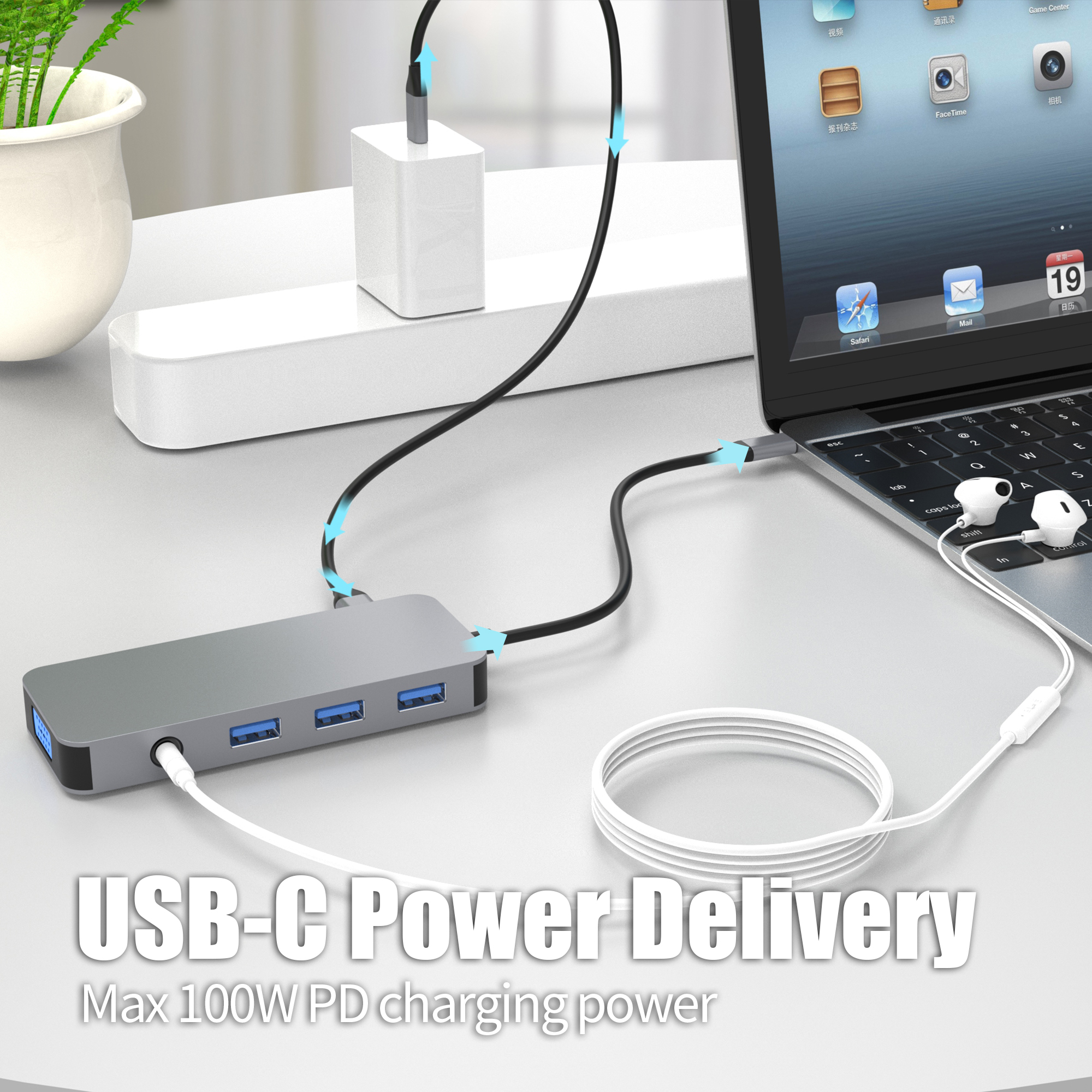 10 IN 1 usb c hub with 2 x HDMI 4K 30HZ+ VGA + PD 100W + USB A 3.1 10Gbps + 2 x USB A 2.0 + 3.5mm AUX + SD + TF card reader multi port docking station for laptop/phone