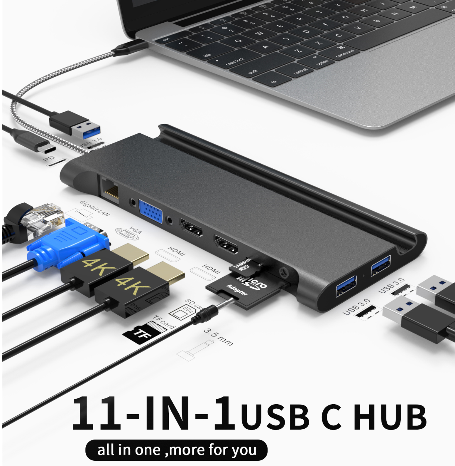 11 IN 1 usb c hub with 2 x HDMI 4K 30HZ+ VGA + Type C PD 100W Data + RJ45 + 3 x USB A 3.0 + 3.5mm Audio/Mic + SD + TF card reader multi port docking station for laptop/phone