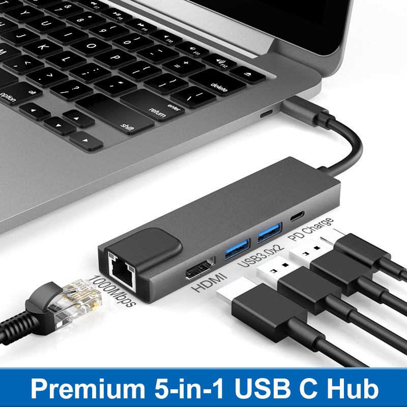 5 IN 1 USB C HUB type c plug with HDMI 4K30HZ + 2 x USB A 3.0 + PD 60W + RJ45 Ethernet 1000Mbps multiport adapter docking station for laptop