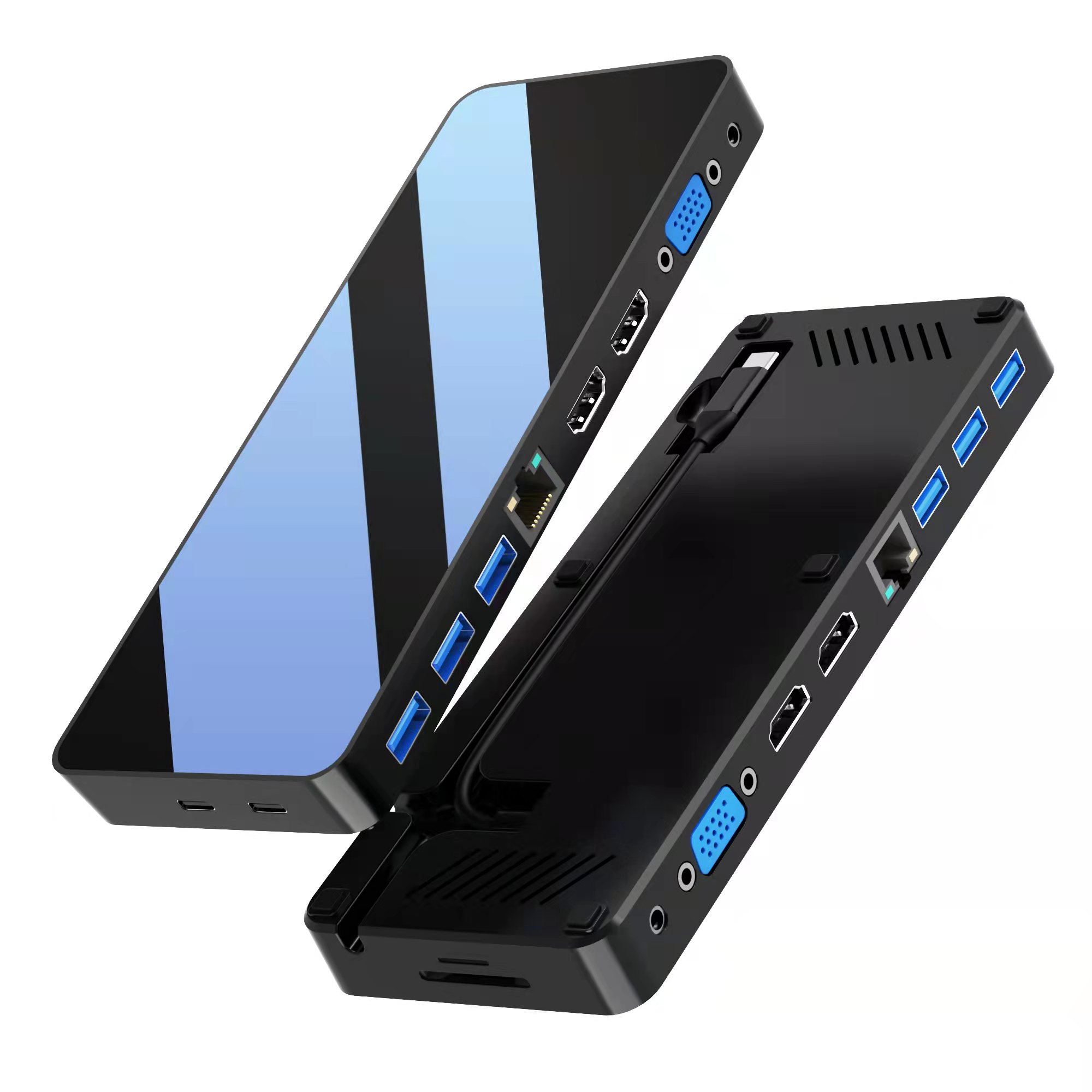 Mirror face 12 port usb c hub with 2 x HDMI 4K + VGA + PD 100W + Type C Data + 3xUSB A 3.0 + RJ45 1000Mbps + 3.5mm Audio + SD+TF card slot all in 1 docking station