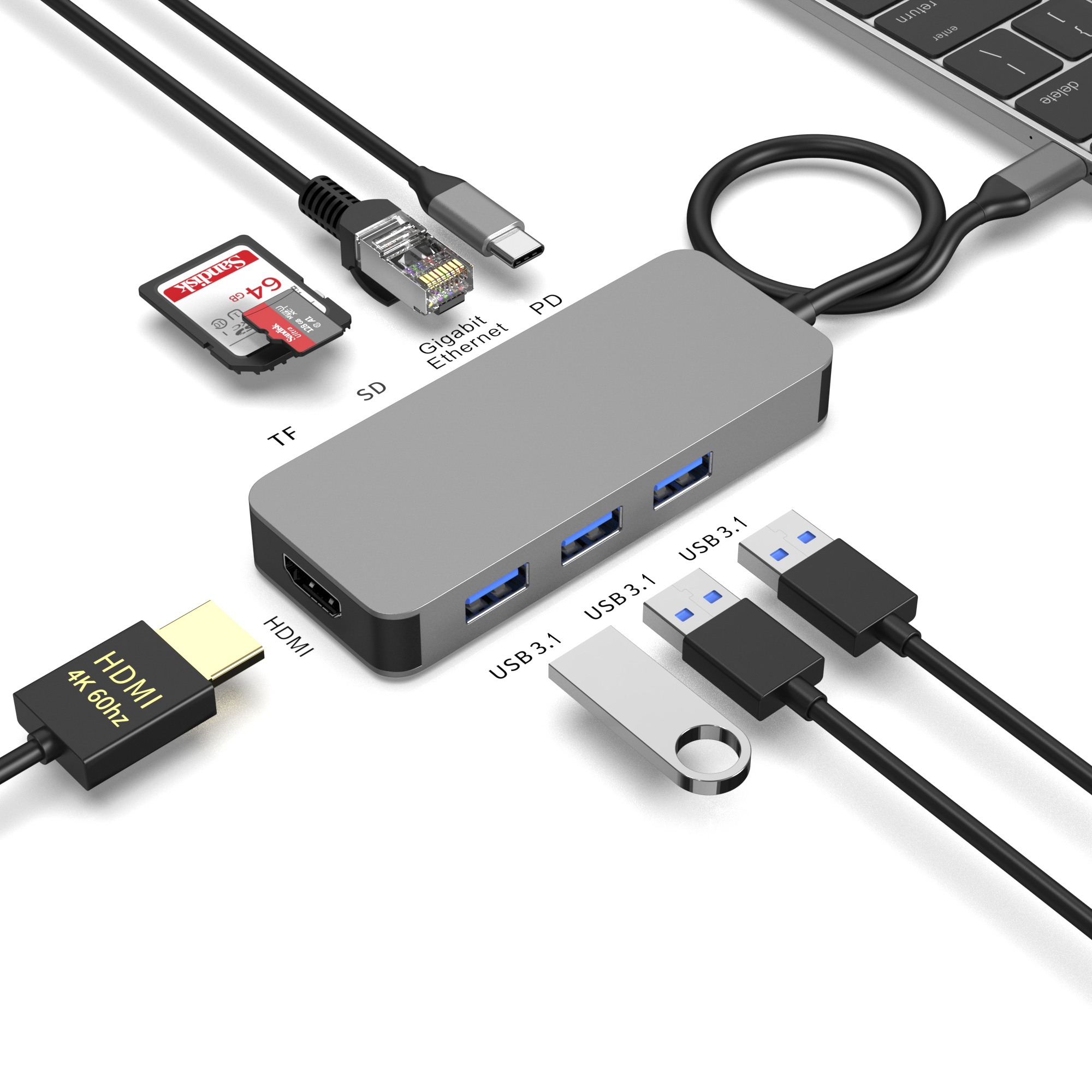 8 IN 1 usb c hub TYPE-C to HDMI 4K@60HZ+PD100W+Gigabit RJ45 1000Mbps+3 * USB-A 3.1 10Gbps+SD+TF multifunction docking station for laptop/phone