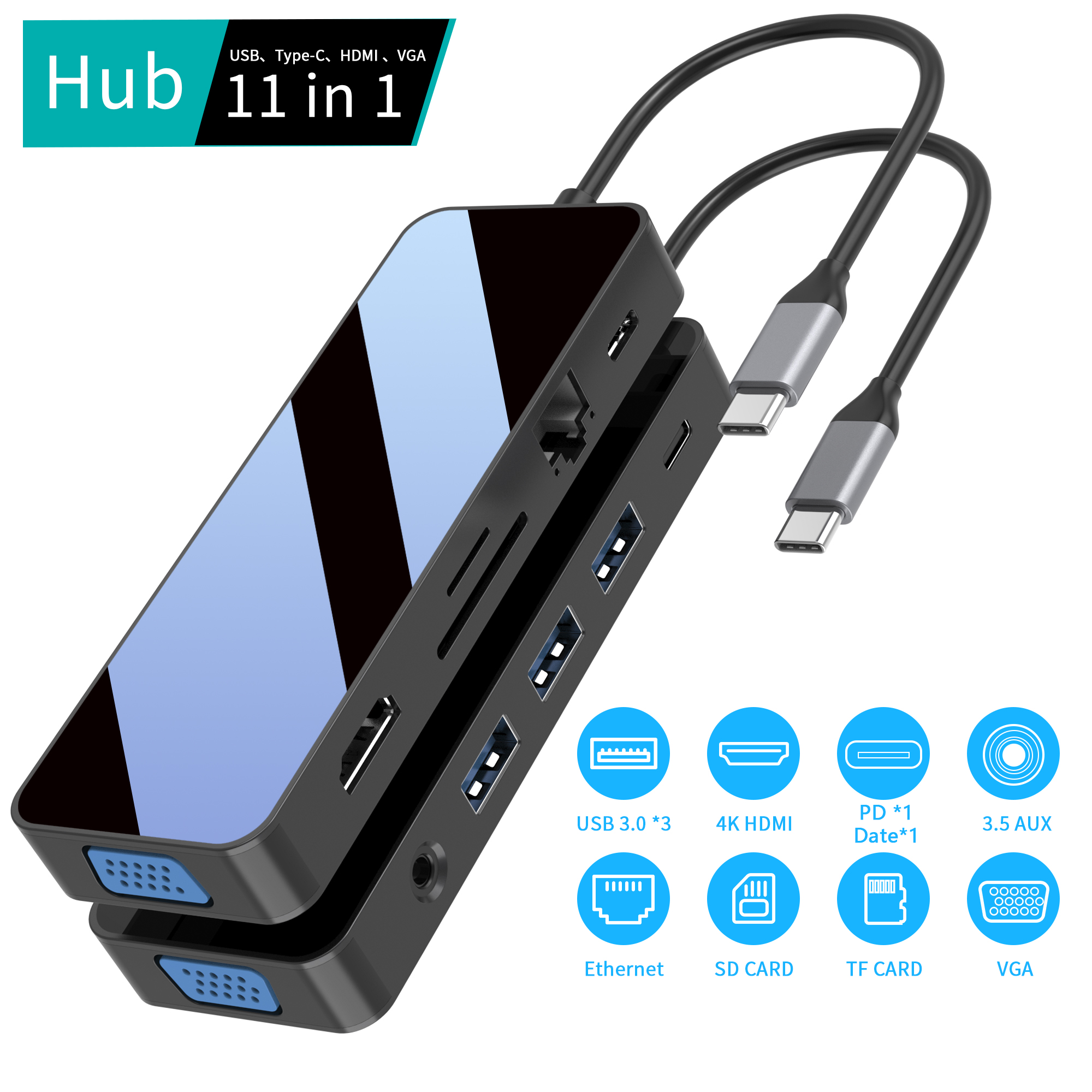Mirror face 11 IN 1 usb c hubs with HDMI + VGA + PD + Type C Data + 3xUSB A 3.0 + RJ45 1000Mbps + 3.5mm AUX + SD + TF card reader multi port docking station for laptop/pc