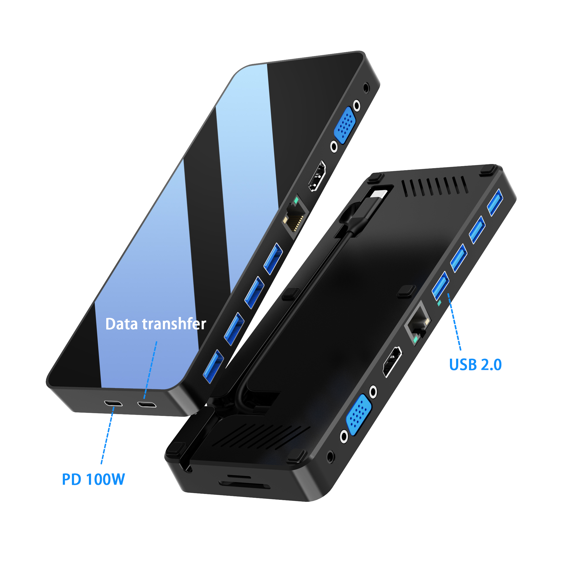 Mirror face 12 port usb c hub with 2HDMI 4K + VGA + PD 100W + Type C Data + 3xUSB A 3.0 + USB A 2.0 + RJ45 1000Mbps + 3.5mm Audio + SD+TF card slot 12 in 1 multiport dock