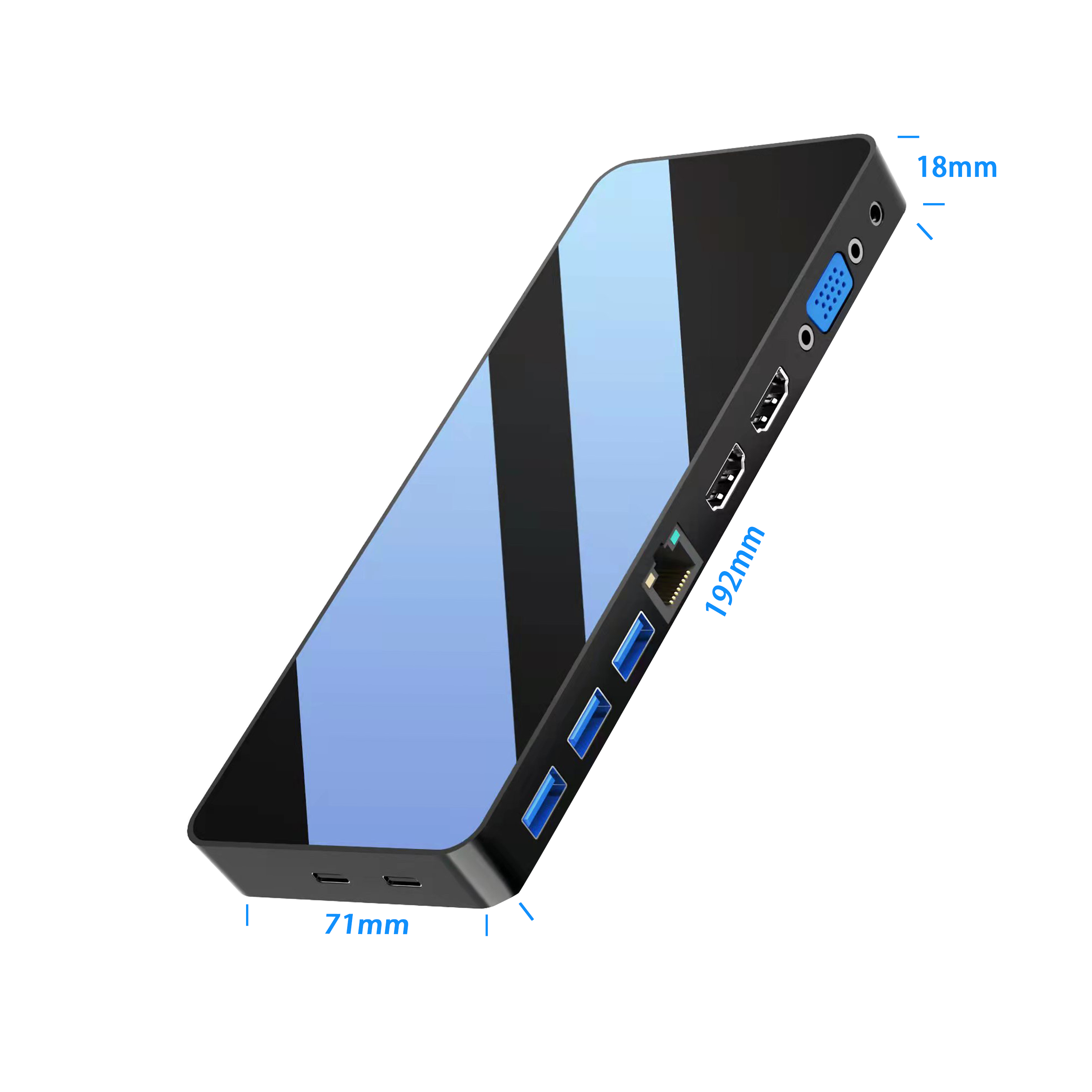 Mirror face 12 port usb c hub with 2 x HDMI 4K + VGA + PD 100W + Type C Data + 3xUSB A 3.0 + RJ45 1000Mbps + 3.5mm Audio + SD+TF card slot all in 1 docking station
