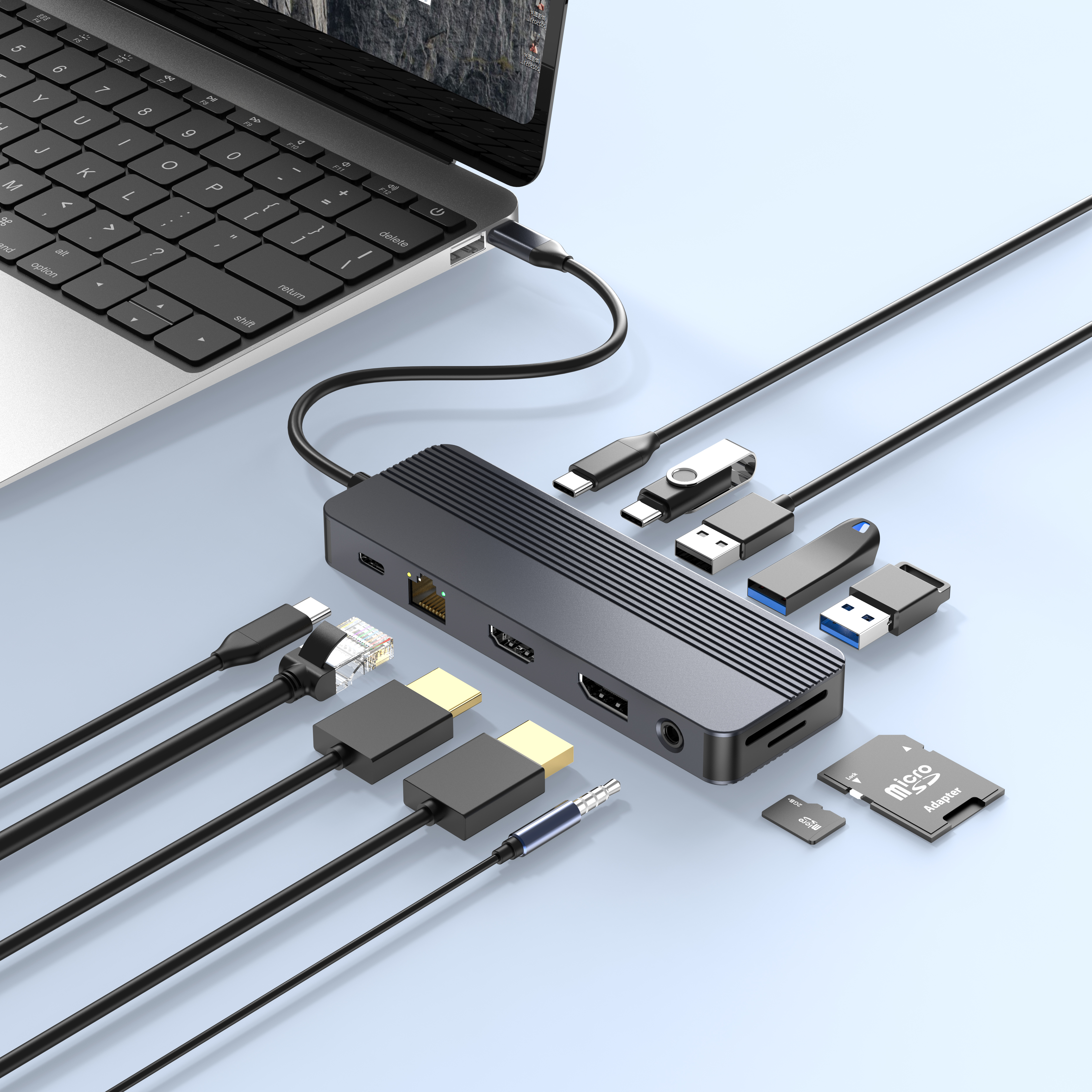 Multiport USB-C Hub with HDMI 4K@60Hz, DP 4K@60Hz, Gigabit Ethernet, 100W PD, USB 3.2 & 2.0 Ports, SD & MicroSD Card Readers, 3.5mm Audio Jack