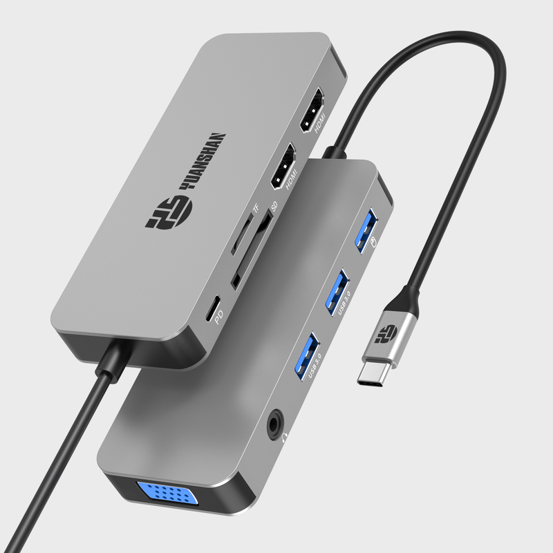 10 IN 1 usb c hub with 2 x HDMI 4K 30HZ+ VGA + PD 100W + USB A 3.1 10Gbps + 2 x USB A 2.0 + 3.5mm AUX + SD + TF card reader multi port docking station for laptop/phone