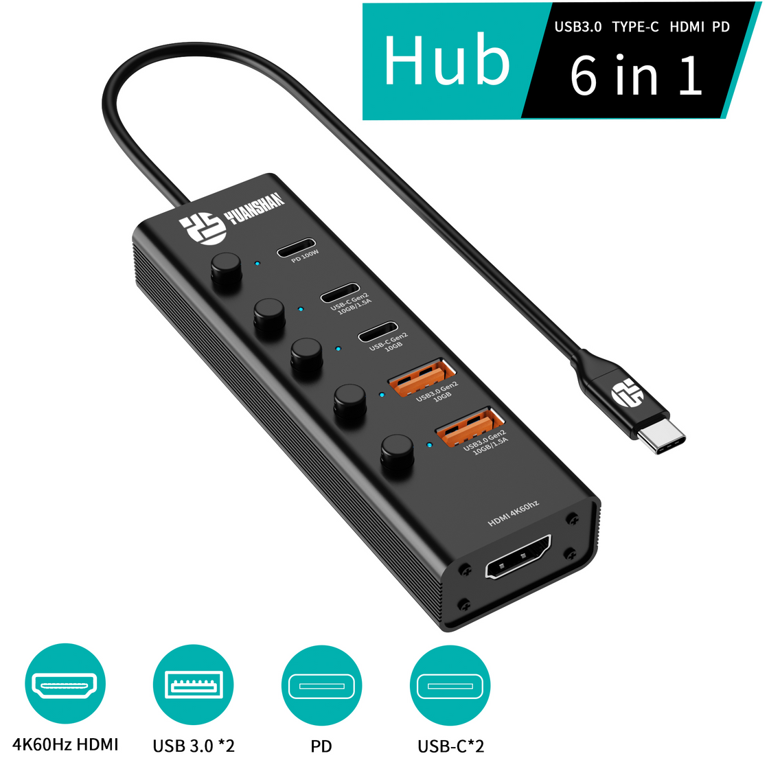 6 IN 1 USB 3.1 Type c 3.1 10Gbps HD 4K60HZ fast charging PD 100W multifunction usb c hub laptop splitter adapter docking station