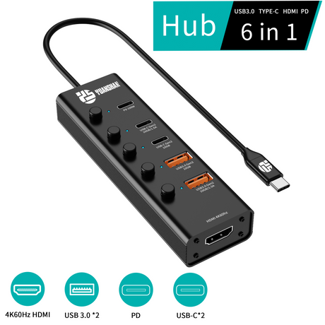 6 IN 1 USB 3.1 Type c 3.1 10Gbps HD 4K60HZ fast charging PD 100W multifunction usb c hub laptop splitter adapter docking station