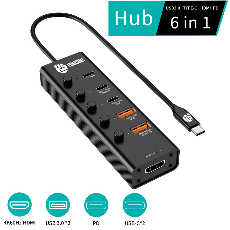 6 IN 1 USB 3.1 Type c 3.1 10Gbps HD 4K60HZ fast charging PD 100W multifunction usb c hub laptop splitter adapter docking station
