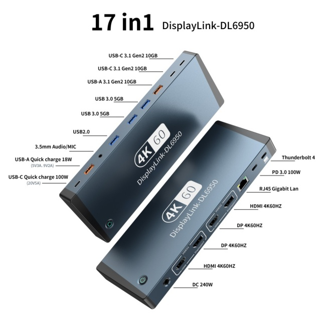 17 in 1 DC Power Supply 240W Support MST function for Apple IOS DP HDMI2.0 4K60Hz Gigabit Port Thunderbolt Type-C 3.1 USB Hub