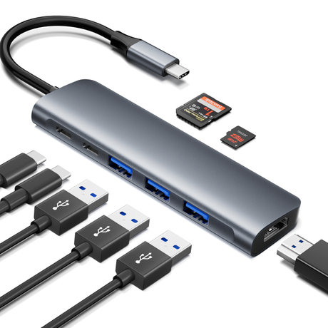 8 IN 1 USB C HUB with HDMI 4K30HZ + PD 100W + Type C Data + 3 x USB A 3.0 +SD +TF card reader slot power charging multiport adapter docking station for laptop macbook
