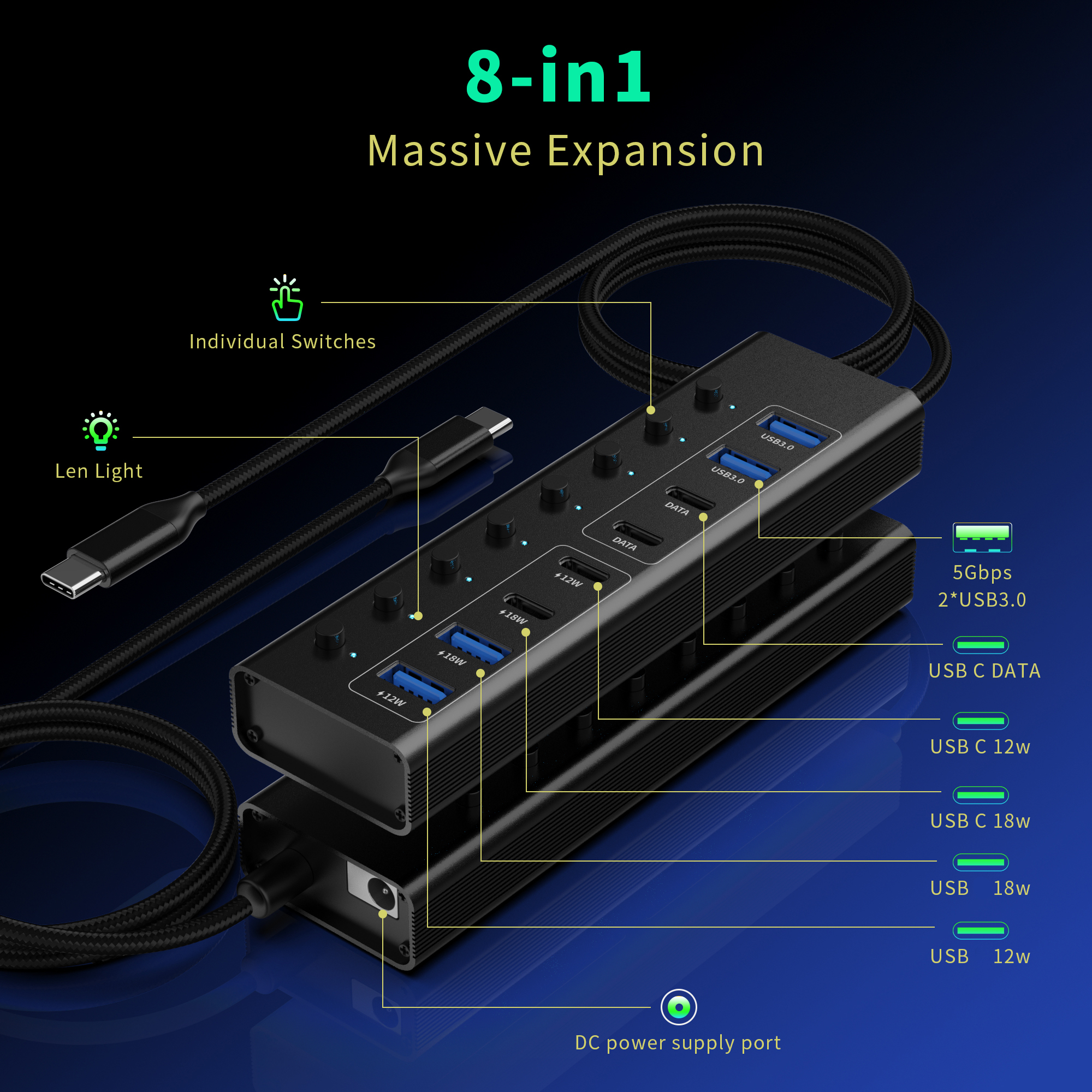 데스크탑 용 8 포트 USB 충전기 허브 100W | 6 개의 장치를 동시에 충전합니다