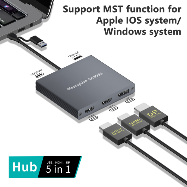 8K Dual HDMI + DP MST USB-C Docking Station | DL6950 Chip | 100W PD | USB-A 3.0 | For iOS & Windows