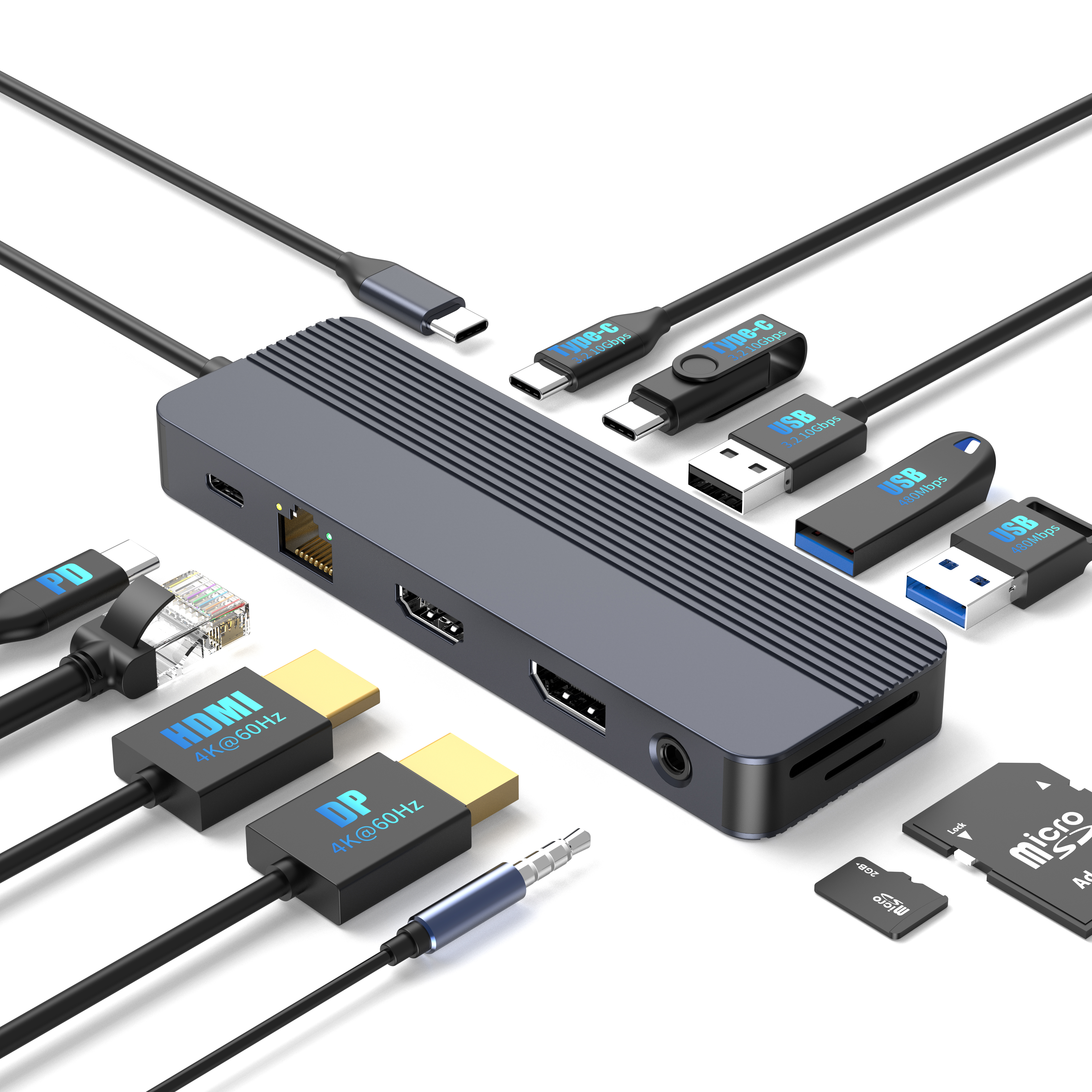 Multiport USB-C Hub with HDMI 4K@60Hz, DP 4K@60Hz, Gigabit Ethernet, 100W PD, USB 3.2 & 2.0 Ports, SD & MicroSD Card Readers, 3.5mm Audio Jack