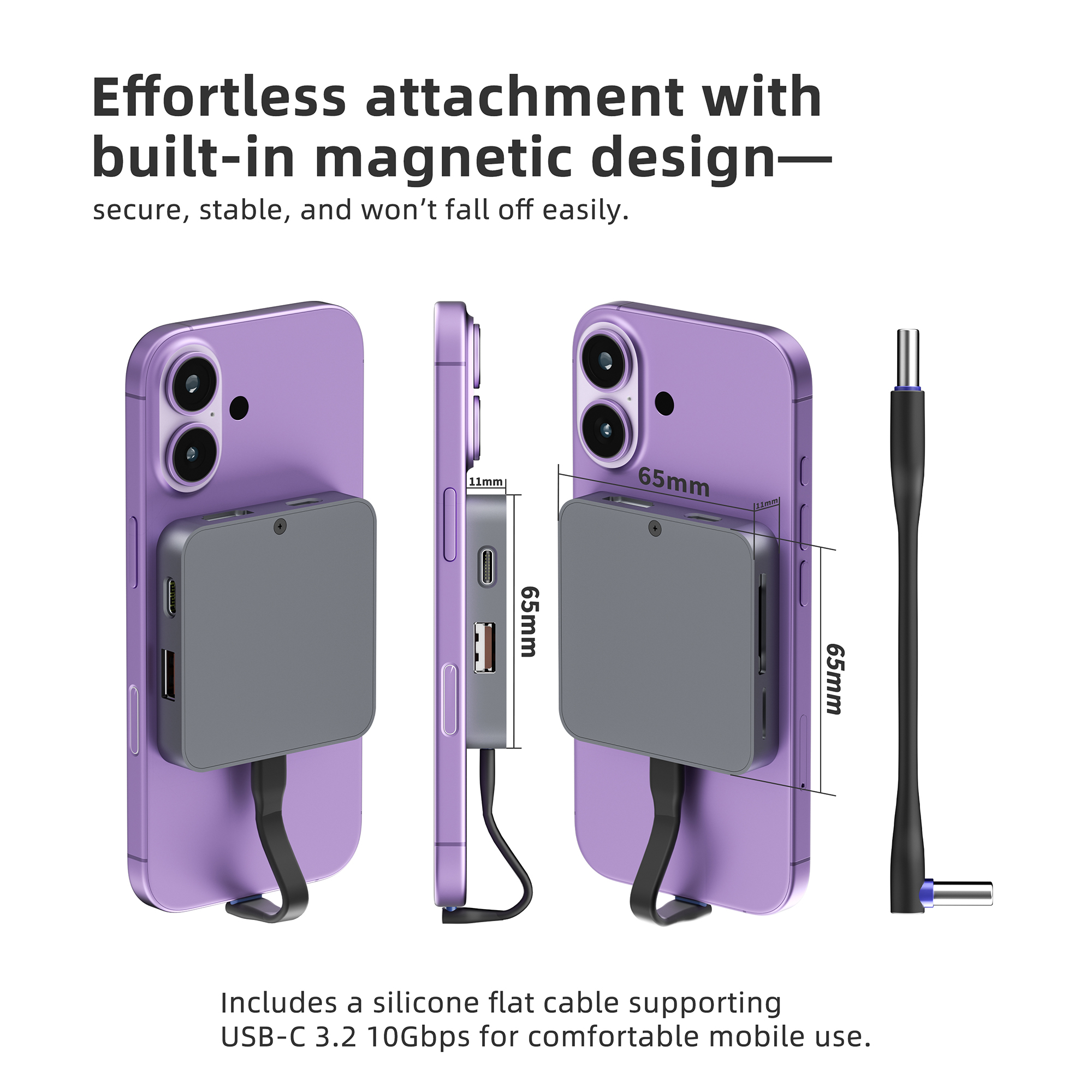 9 in 1 USB C Hub with M.2 NVMe SSD Slot 10Gbps, 4K60Hz HDTV 100W PD USB-C/USB-A 3.2, SD/TF Card Reader Magnetic Design for Phone