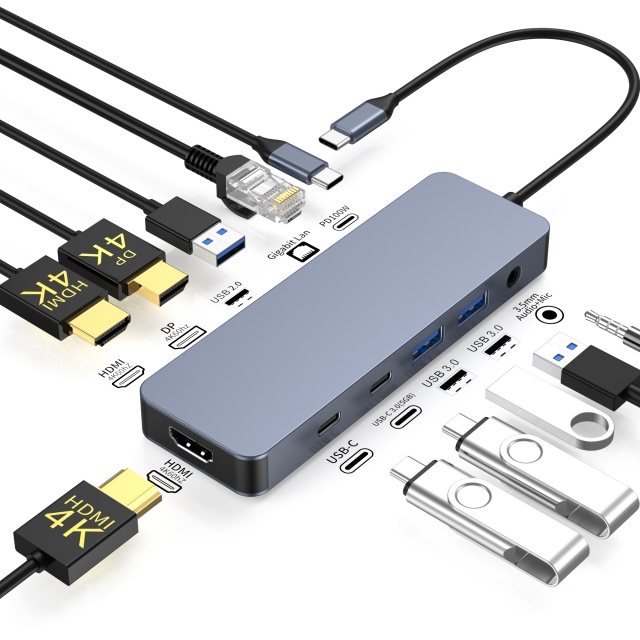 11 IN 1 usb c hubs with 2 x HDMI 4K 60HZ + DP + PD 100W + Type C Data + USB 2.0 + 2 x USB A 3.0 + RJ45 1000Mbps + 3.5mm Audio/Mic + SD + TF card reader multi port docking station