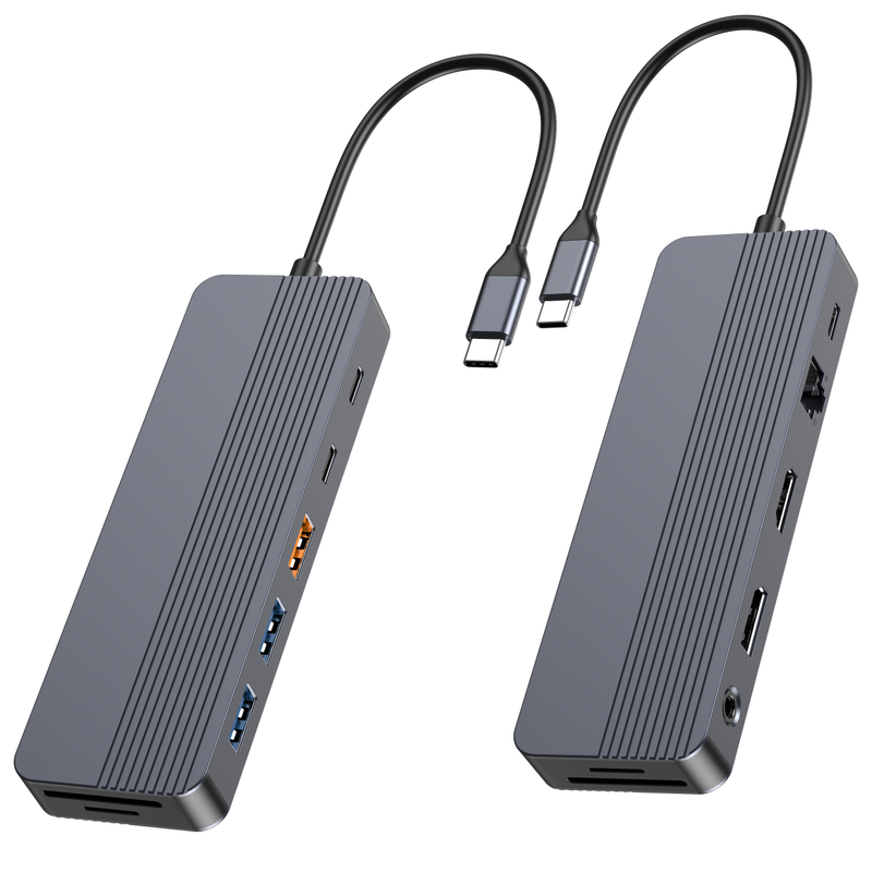 Multiport USB-C Hub with HDMI 4K@60Hz, DP 4K@60Hz, Gigabit Ethernet, 100W PD, USB 3.2 & 2.0 Ports, SD & MicroSD Card Readers, 3.5mm Audio Jack