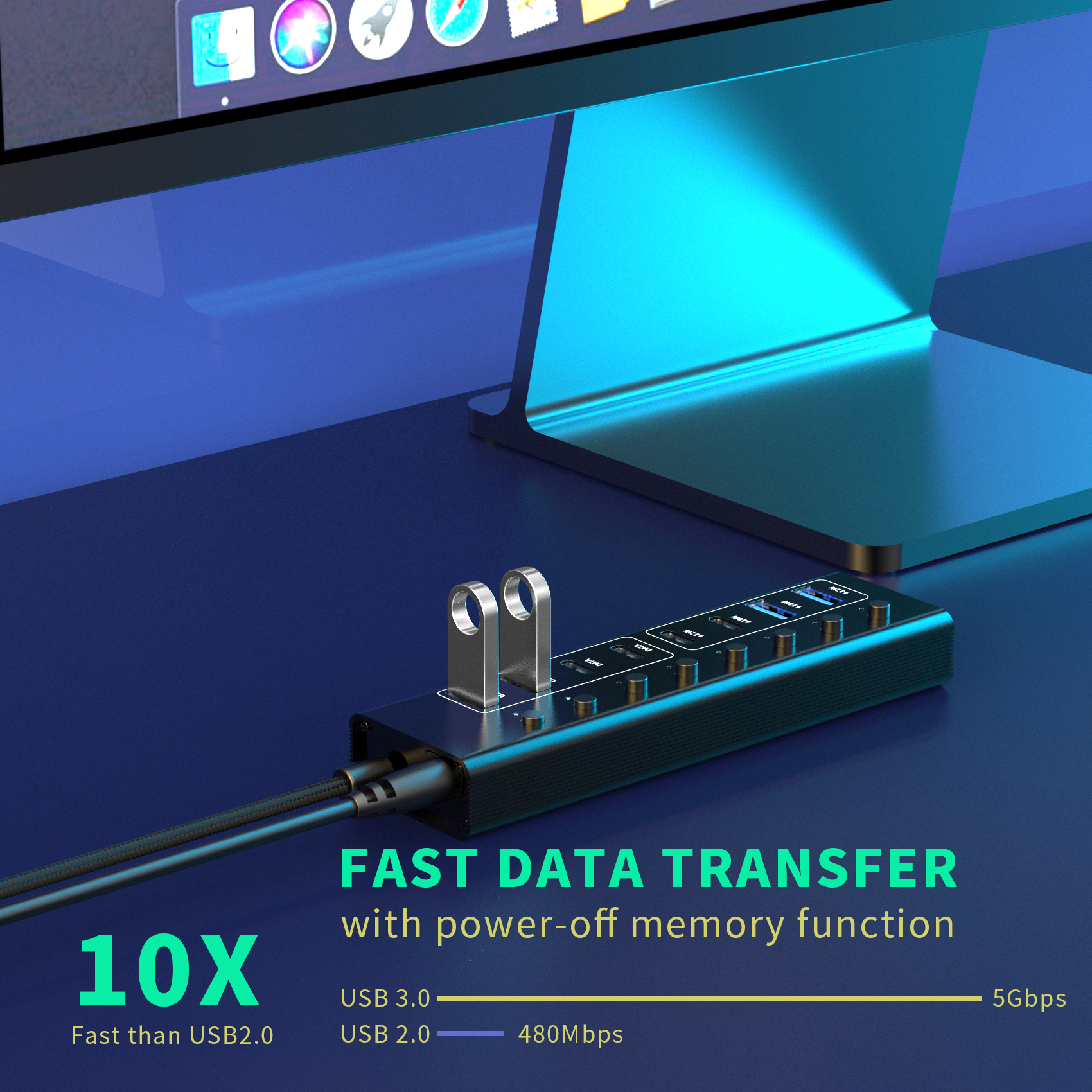 데스크탑 용 8 포트 USB 충전기 허브 100W | 6 개의 장치를 동시에 충전합니다