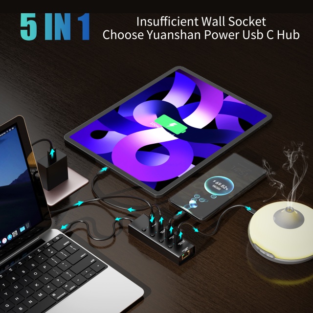 5 IN 1 USB-A/C 3.1 10Gbps PD 100W LAN 1000Mbps fast charging fast data transfer multifunction usb c hub laptop splitter docking station for laptop
