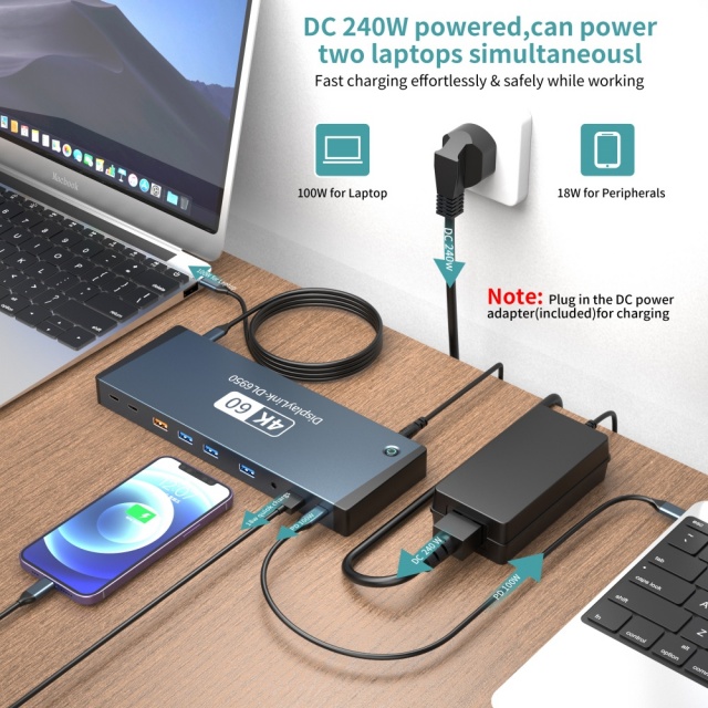 17 in 1 DC voeding 240W Ondersteuning MST-functie voor Apple iOS DP HDMI2.0 4K60Hz Gigabit Port Thunderbolt Type-C 3.1 USB Hub