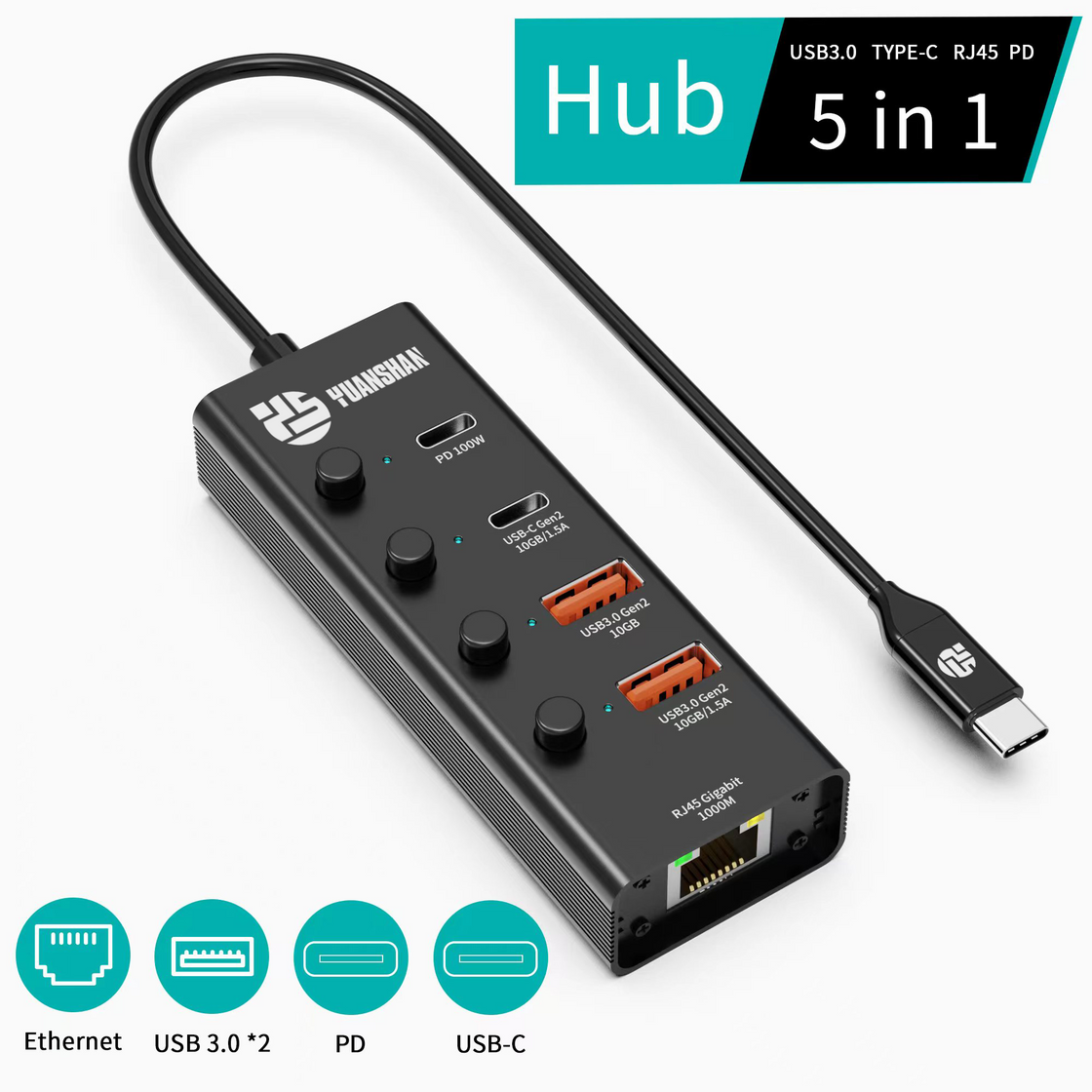 5 IN 1 USB-A/C 3.1 10Gbps PD 100W LAN 1000Mbps fast charging fast data transfer multifunction usb c hub laptop splitter docking station for laptop