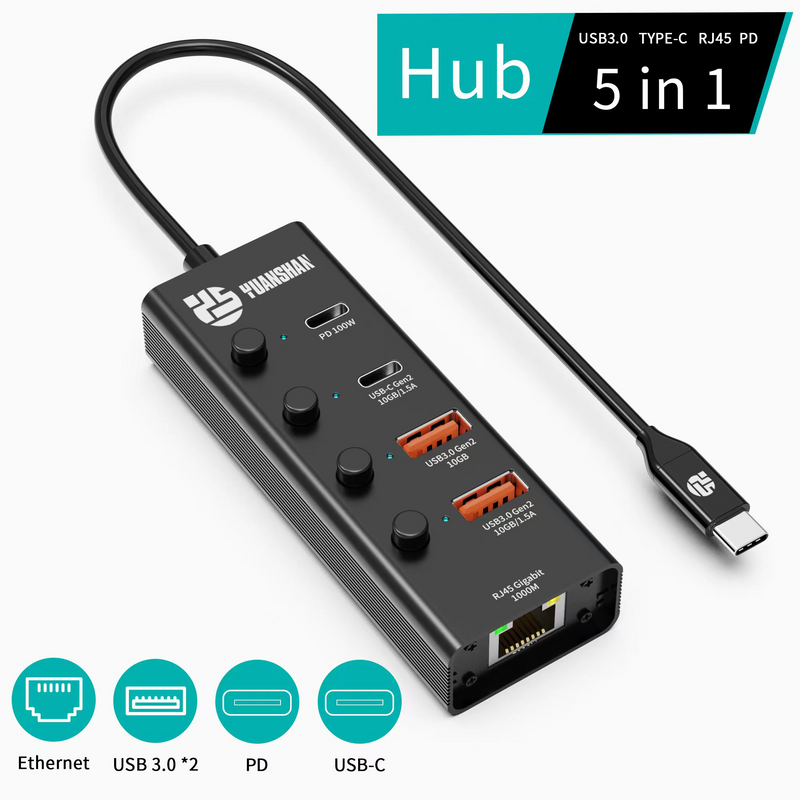 5 IN 1 USB-A/C 3.1 10Gbps PD 100W LAN 1000Mbps fast charging fast data transfer multifunction usb c hub laptop splitter docking station for laptop