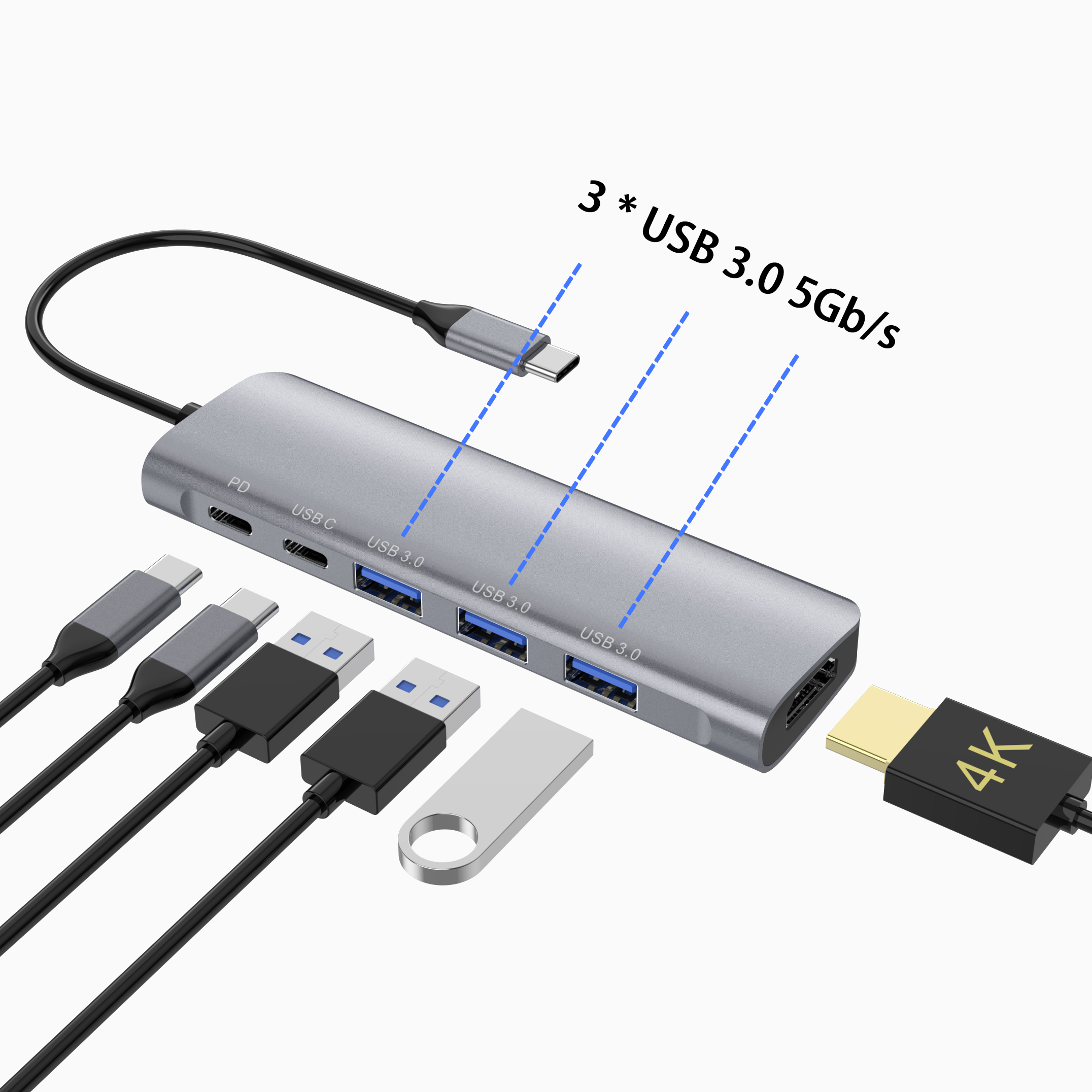 6 in 1 thunderbolt 3 type c docking usb 3.0 hub (3)540