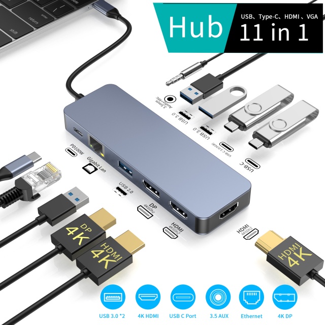 11 IN 1 usb c hubs with 2 x HDMI 4K 60HZ + DP + PD 100W + Type C Data + USB 2.0 + 2 x USB A 3.0 + RJ45 1000Mbps + 3.5mm Audio/Mic + SD + TF card reader multi port docking station