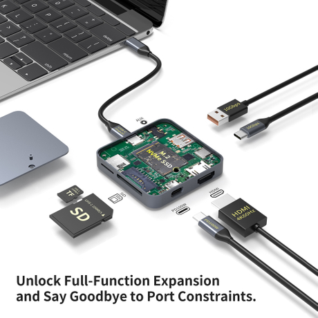 9 in 1 USB C Hub with M.2 NVMe SSD Slot 10Gbps, 4K60Hz HDTV 100W PD USB-C/USB-A 3.2, SD/TF Card Reader Magnetic Design for Phone