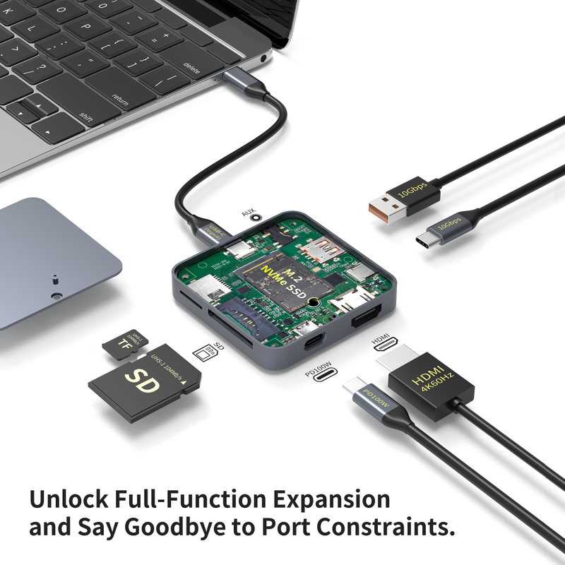 9 in 1 USB C Hub with M.2 NVMe SSD Slot 10Gbps, 4K60Hz HDTV 100W PD USB-C/USB-A 3.2, SD/TF Card Reader Magnetic Design for Phone