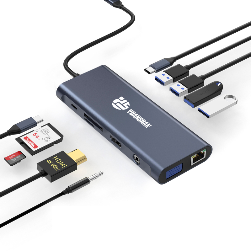 12 IN 1 usb c hubs with HDMI 4K 60HZ + DP + PD 100W + Type C Data + 3 x USB A 3.0 + USB A 2.0+ RJ45 1000Mbps + 3.5mm Audio + SD + TF card reader multi port docking station