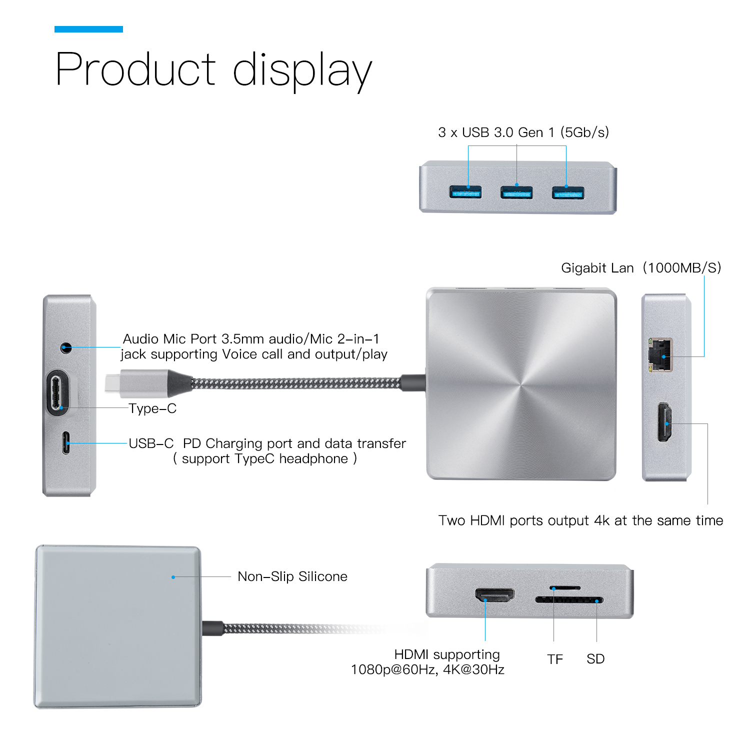 9-in-1 USB-C Hub with Dual HDMI 4K, Gigabit Ethernet, 100W PD, USB 3.0 Ports, SD/TF Card Readers – MacBook/Windows Laptop Docking Station