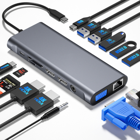 14-in-1 USB C Docking Station for MacBook & Laptop - 3 Display Adapter, 100W Charging, High-Speed Data Ports, SD/TF Reader