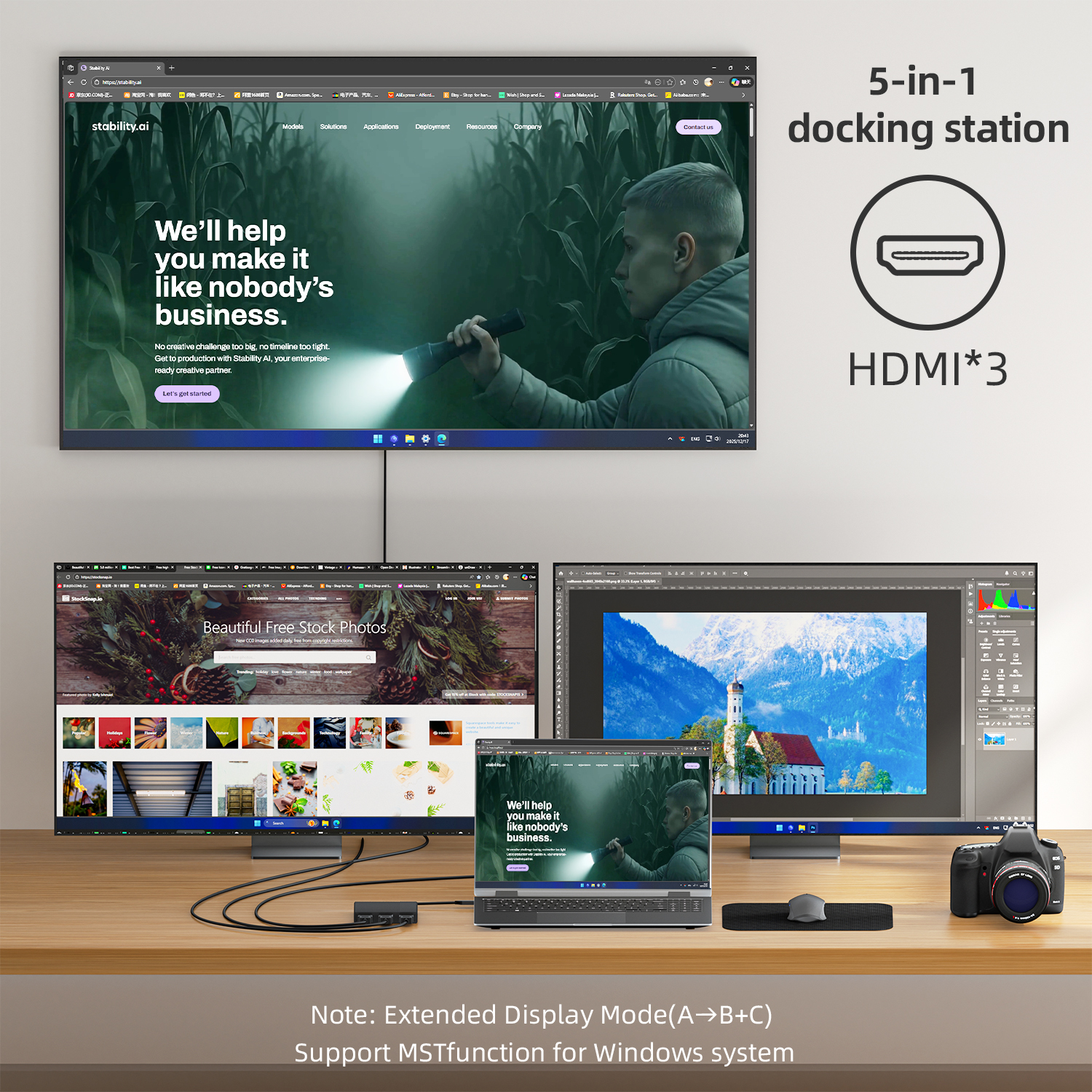 5-in-1 USB-C Hub Docking Station with Triple HDMI 4K@60Hz, 100W PD Charging & USB 3.0