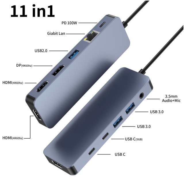 11 IN 1 usb c hubs with 2 x HDMI 4K 60HZ + DP + PD 100W + Type C Data + USB 2.0 + 2 x USB A 3.0 + RJ45 1000Mbps + 3.5mm Audio/Mic + SD + TF card reader multi port docking station
