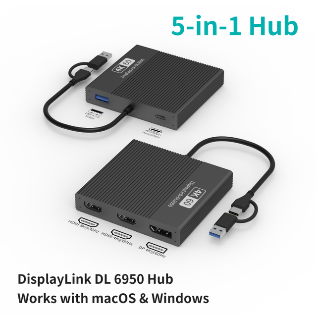 محطة إرساء محور USB-C 5 في 1 8K مزودة بتلفزيون عالي الوضوح وDP مزدوج، وشاشة MST متعددة، وشحن PD بقدرة 100 وات، ومحول USB 3.0
