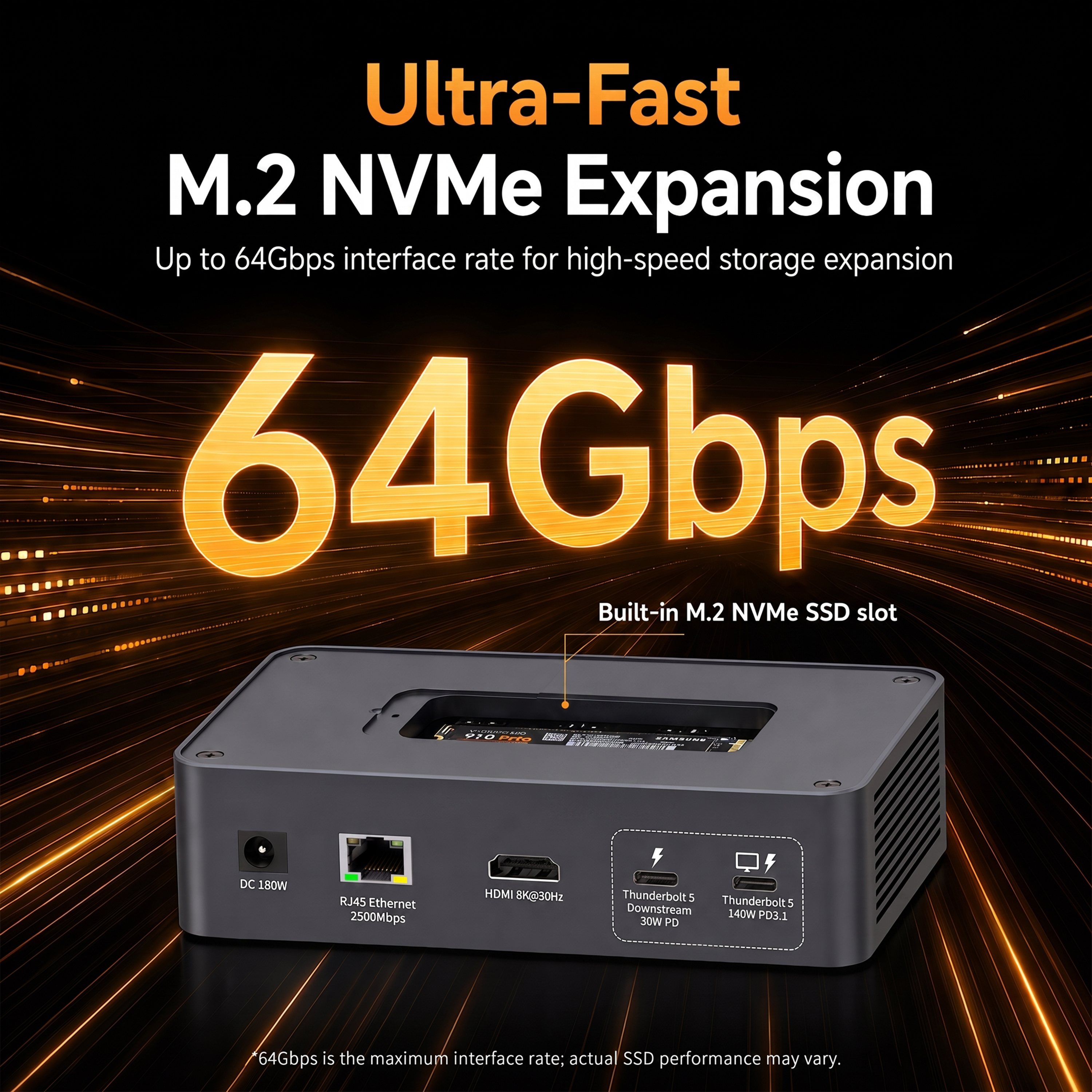 M.2 NVMe SSD slot in Thunderbolt 5 docking station supporting 2230 2242 2260 2280 SSD