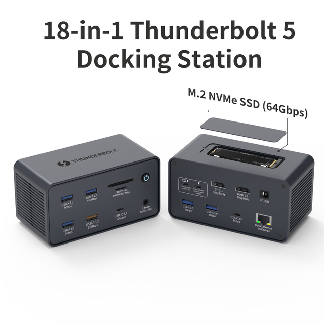 18-in-1 Thunderbolt 5 Docking Station, 8K@60Hz Triple Display MST Hub with 140W PD 3.1 Charging, M.2 NVMe SSD Slot, 2.5Gbps Ethernet for MacBook Pro M5 & Windows Laptop